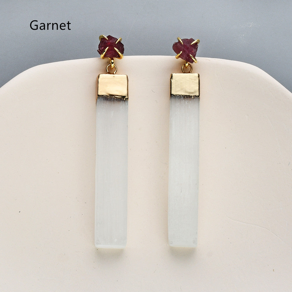 Gold Plated Claw Raw Gemstone Chips & Selenite Bar Stud Earrings, Healing Crystal Stone Jewelry, Boho Earrings ZG0491 Garnet Earrings