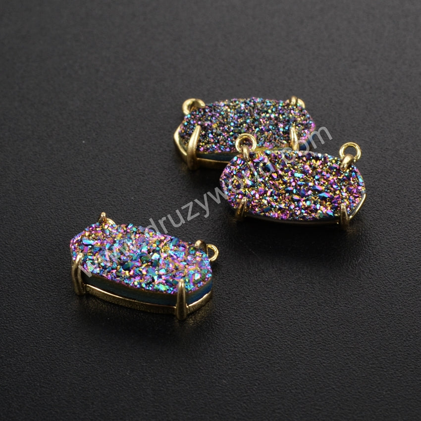Small Hexagon Gold Plated Claw Natural Agate Titanium Druzy Connector, For Jewelry Making ZG0136