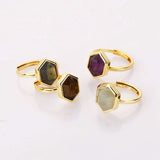 Hexagon Multi Gemstone Faceted Gold Plated Ring, Adjustable, Healing Crystal Jewelry Ring For Women ZG0464