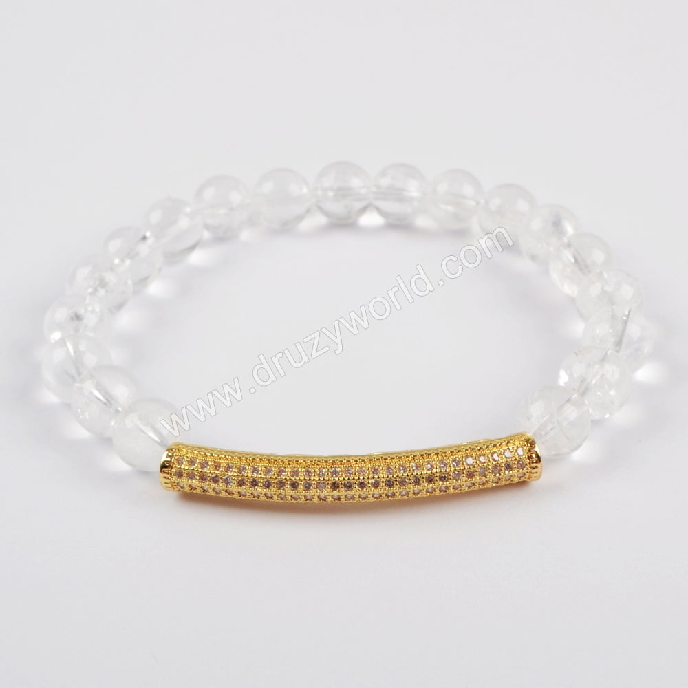 Gold Plated CZ Tube Bar With 8mm Gemstone Beads Bracelet G1475