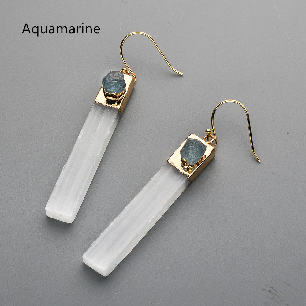 Gold Plated Rectangle Natural Selenite Crystal Earrings, Pave Raw Gemstone Chips, Healing Jewelry, Boho Earrings G2091 Aquamarine Earrings