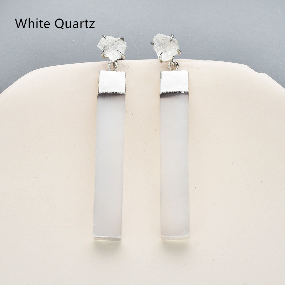 Silver Plated Claw Raw Crystal Chips & Selenite Bar Stud Earrings, Healing Gemstone Jewelry, Boho Stone Earrings ZS0491 White Quartz Clear Quartz Earrings