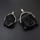 Big Frosted Black Obsidian Carved Buddha Head Rhinestone Pendant Bead JAB343