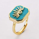 Octagon Gemstone CZ Eye Adjustable Gold Plated Rings, Turquoise Larimar Rhodochrosite Jewelry Ring ZG0462