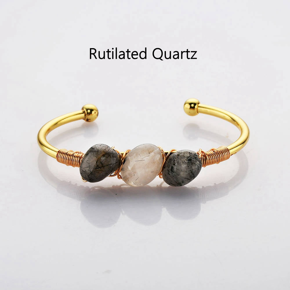 rutilated quartz bracelet Gold Plated Brass Wire Wrap Gemstone Bangle Bracelet Healing Crystal Stone Bracelet Handmade Boho Jewelry WX2075