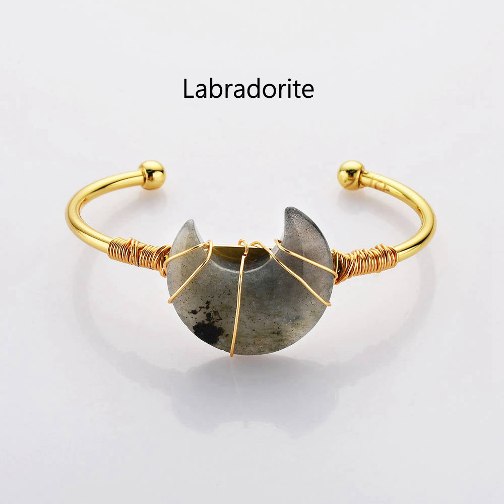 Gold Plated Brass Wire Wrap Rainbow Gemstone Crescent Moon Bangle Bracelet Healing Crystal Stone Bracelet Handmade Boho Jewelry WX2074