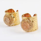 Rhinestone Pave Round Champagne Druzy Agate Gold Band Ring JAB831