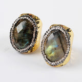 Rhinestone Pave Oval Multi Gemstone Faceted Gold Band Ring JAB931