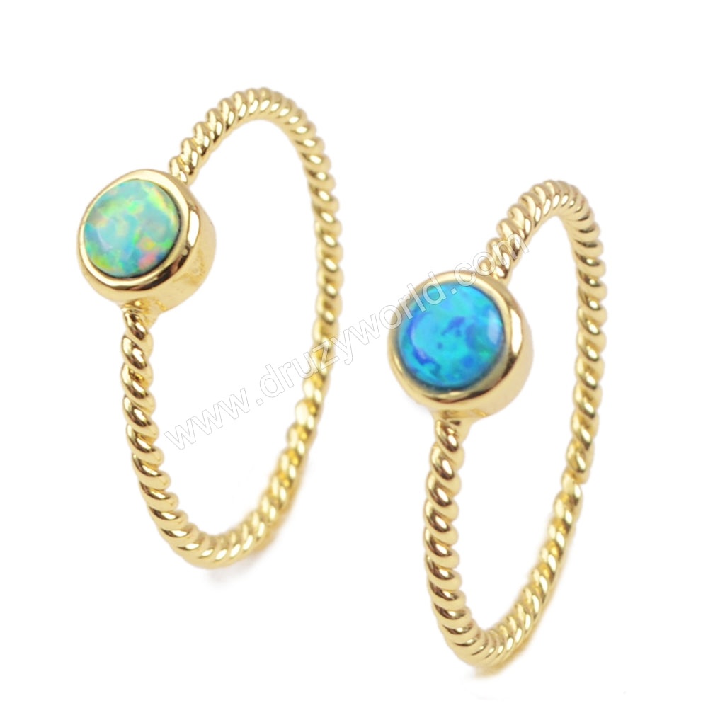 Small Gold Plated Bezel Round White Blue Opal Ring, 4mm Opal Stone Ring Jewelry ZG0244