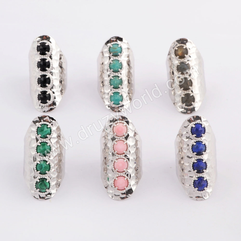 Silver Plated Four Gemstone Ring, Long Band Open Ring, Boho Jewelry ZS0394