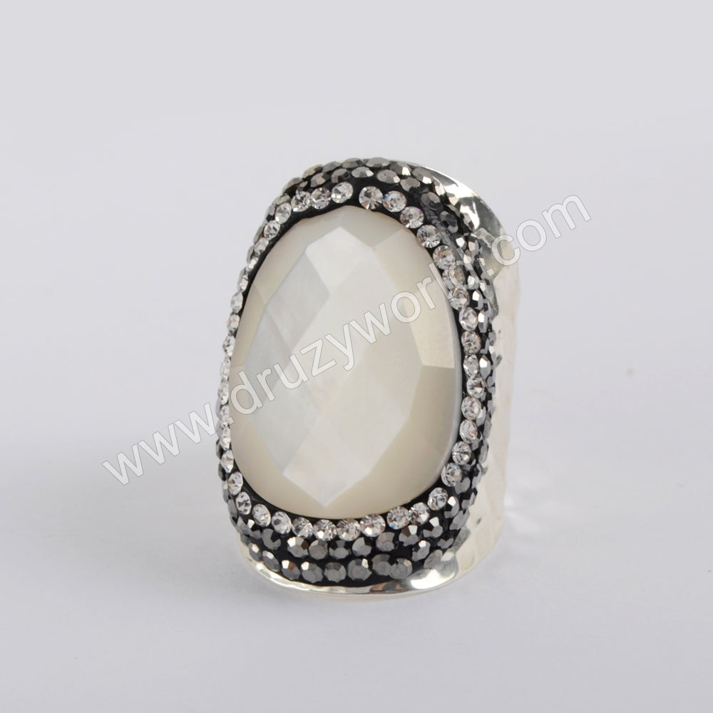 Gold/Silver Plated Natural White Shell Faceted Rhinestone Pave Band Ring JAB976