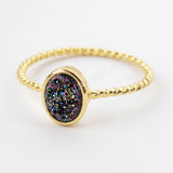 Oval Gold Plated Natural Agate Titanium Rainbow Druzy Bezel Ring ZG0289