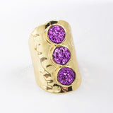 Gold Plated Bezel Three Round Titanium Rainbow Druzy Band Ring ZG0366