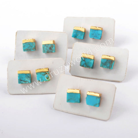 Boho Chic 18K Gold Plated Square 7mm Natural Turquoise Stud Earrings ForLady Jewelry G1647