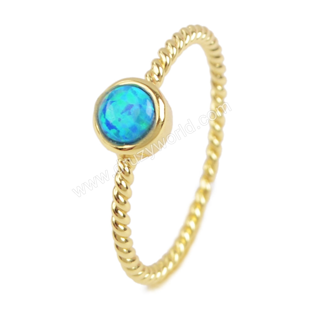Small Gold Plated Bezel Round White Blue Opal Ring, 4mm Opal Stone Ring Jewelry ZG0244