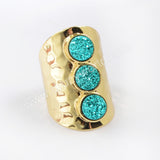 Gold Plated Bezel Three Round Titanium Rainbow Druzy Band Ring ZG0366