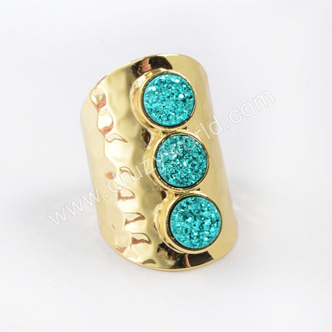 Gold Plated Bezel Three Round Titanium Rainbow Druzy Band Ring ZG0366