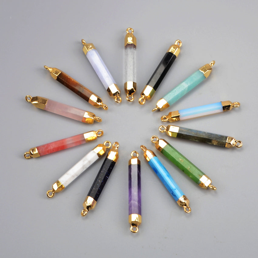Wholesale Prism Gold Plated Rainbow Natural Gemstone Terminated Point Connectors, Double Loops, Healing Crystal Stone Bar&nbsp;Charms, Making Jewelry Crafts G0993