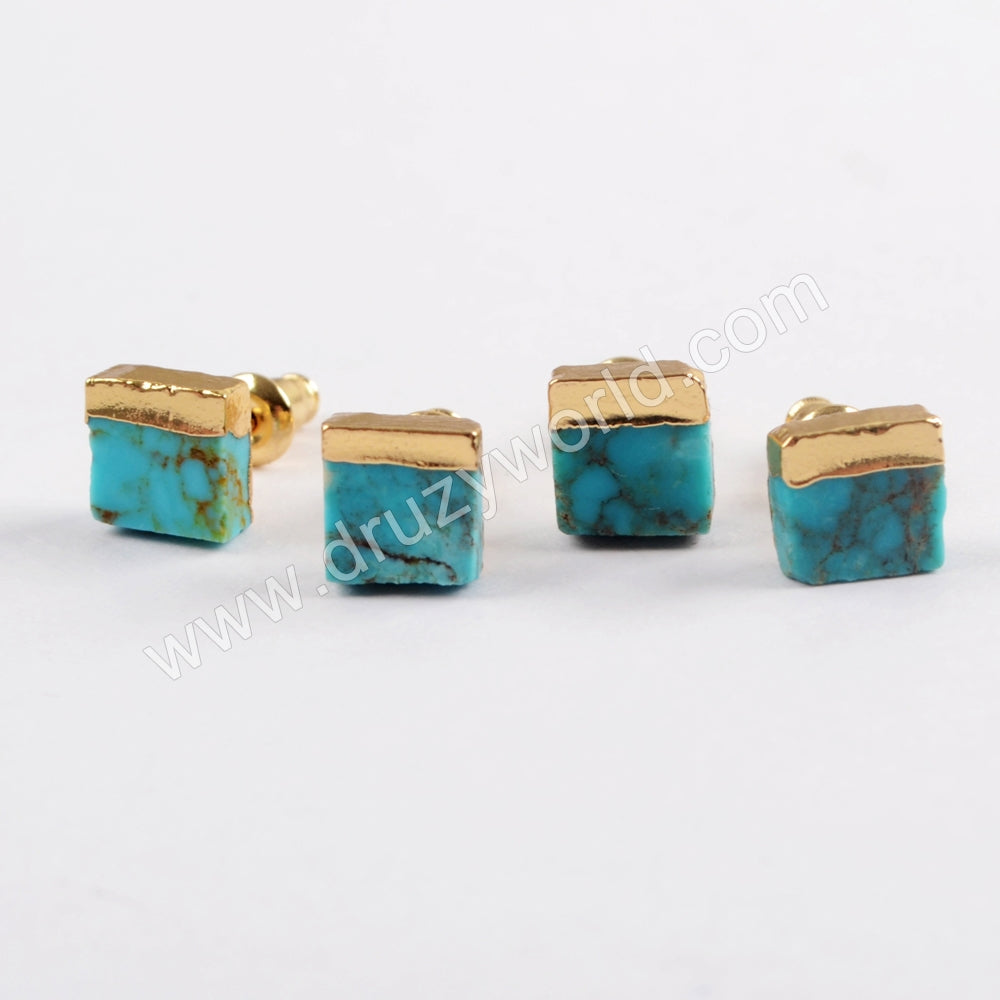 Boho Chic 18K Gold Plated Square 7mm Natural Turquoise Stud Earrings ForLady Jewelry G1647
