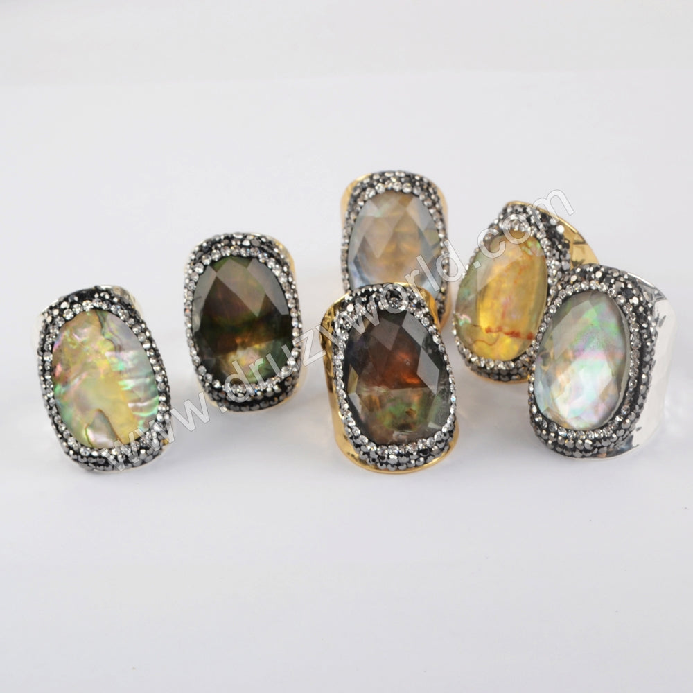 Rhinestone Pave Natural Abalone Shell Glass Faceted Gold Band Ring For Women JAB977