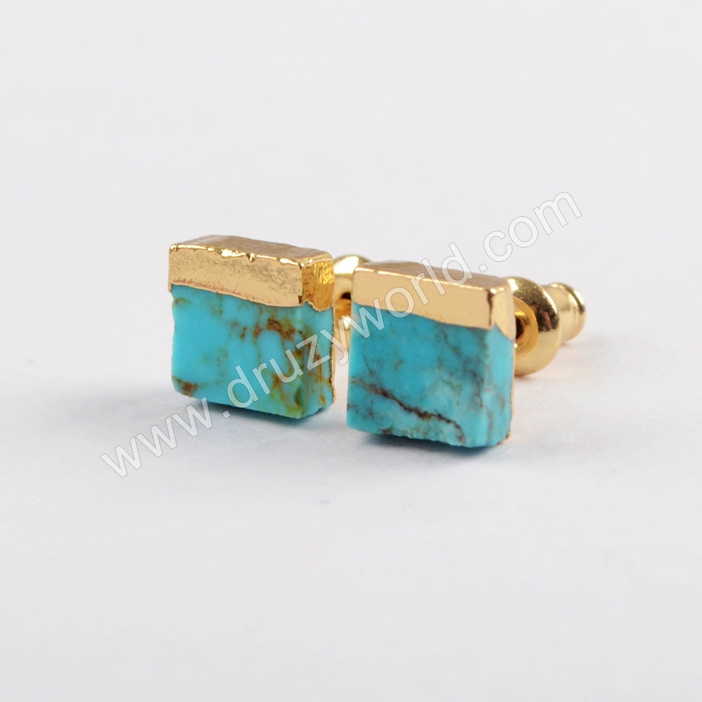 Boho Chic 18K Gold Plated Square 7mm Natural Turquoise Stud Earrings ForLady Jewelry G1647