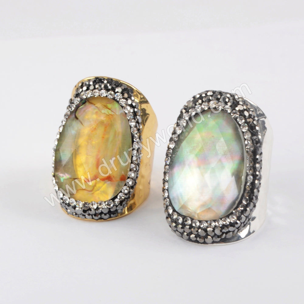 Rhinestone Pave Natural Abalone Shell Glass Faceted Gold Band Ring For Women JAB977