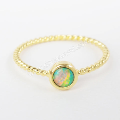 Small Gold Plated Bezel Round White Blue Opal Ring, 4mm Opal Stone Ring Jewelry ZG0244