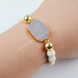 Gold Plated Natural Agate Druzy With Faceted White Howlite Turquoise Beads Bracelet G1398