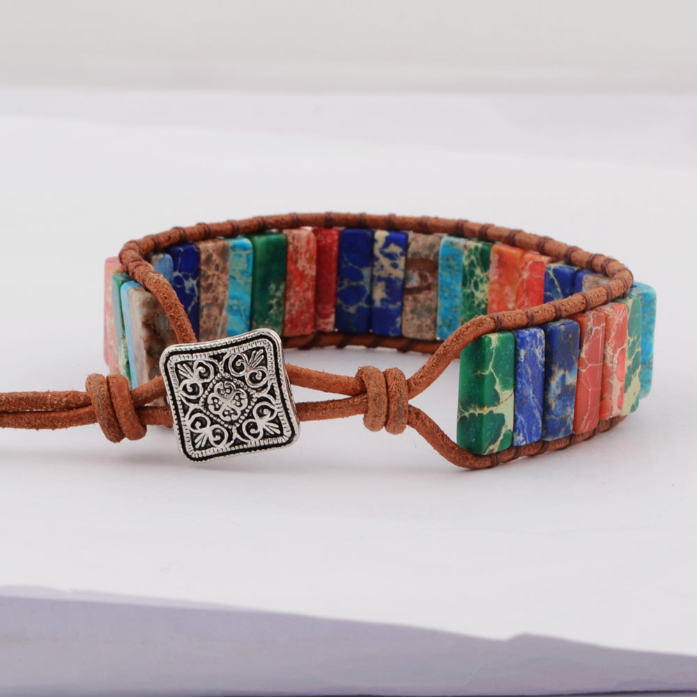 Rectangle Rainbow Sea Sediment Jaseper Beads Leather Bracelet, Chakra Gemstone Beads, Meditation Protection Inspiring Jewelry HD0066