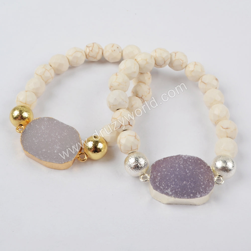 Gold Plated Natural Agate Druzy With Faceted White Howlite Turquoise Beads Bracelet G1398