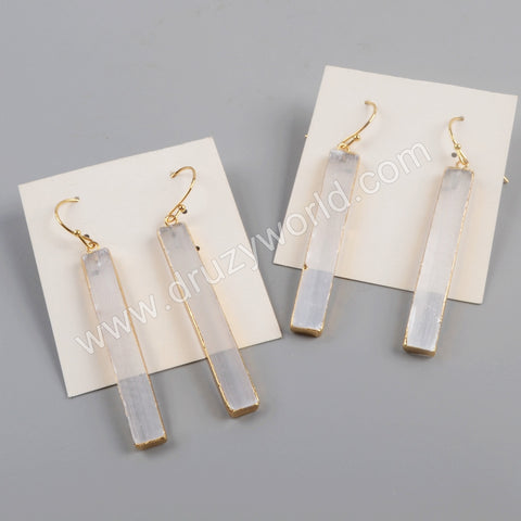 Rectangle Gold Plated Selenite Stone Earrings, Healing Crystal Dangle Earrings Jewelry  G1777
