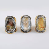 Natural Abalone Shell Glass Faceted Gold Band Ring, Rhinestone Jewelry Ring For Women JAB977