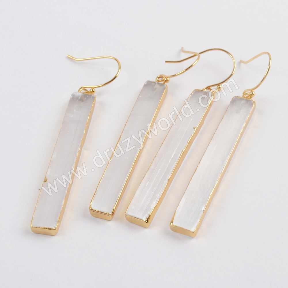 Rectangle Gold Plated Selenite Stone Earrings, Healing Crystal Dangle Earrings Jewelry  G1777