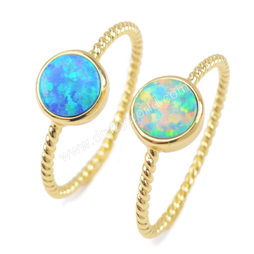 Gold Plated Bezel Round White Blue Opal Ring ZG0245