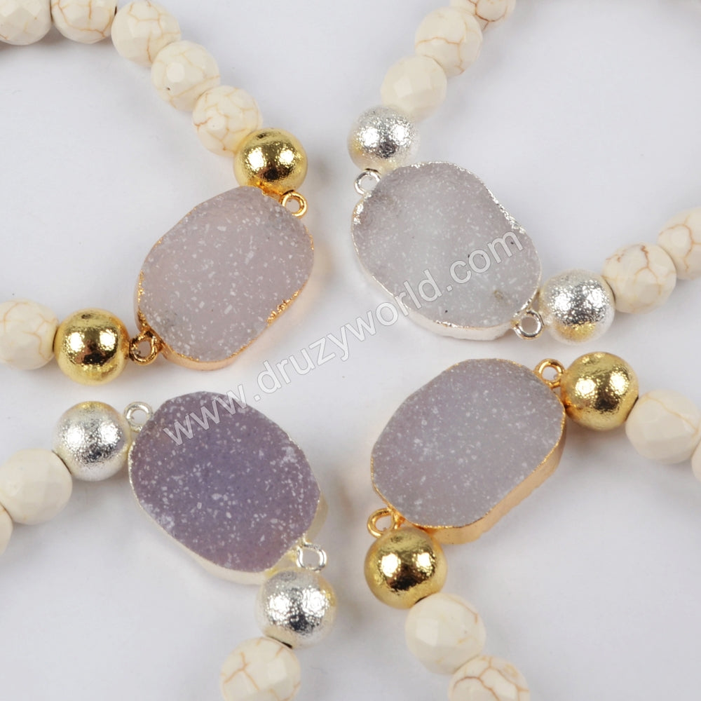 Gold Plated Natural Agate Druzy With Faceted White Howlite Turquoise Beads Bracelet G1398