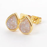 Teardrop Gold Plated Bezel Rainbow Titanium Druzy Studs Earrings ZG0276