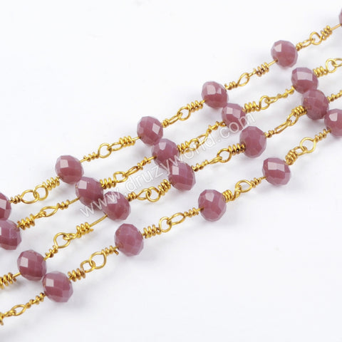 5m/lot,Gold Plated 6mm Purple Crystal Faceted Rosary Chain JT205