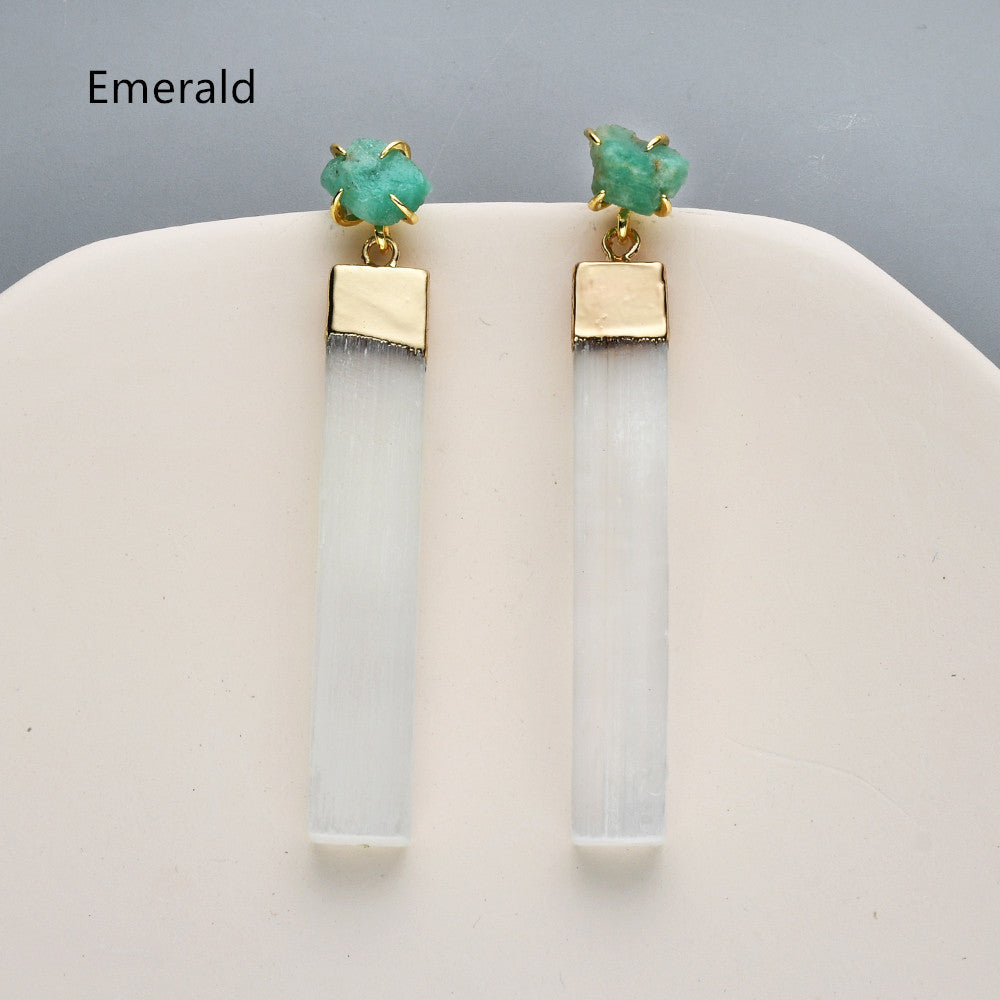 Gold Plated Claw Raw Gemstone Chips & Selenite Bar Stud Earrings, Healing Crystal Stone Jewelry, Boho Earrings ZG0491 Emerald Earrings
