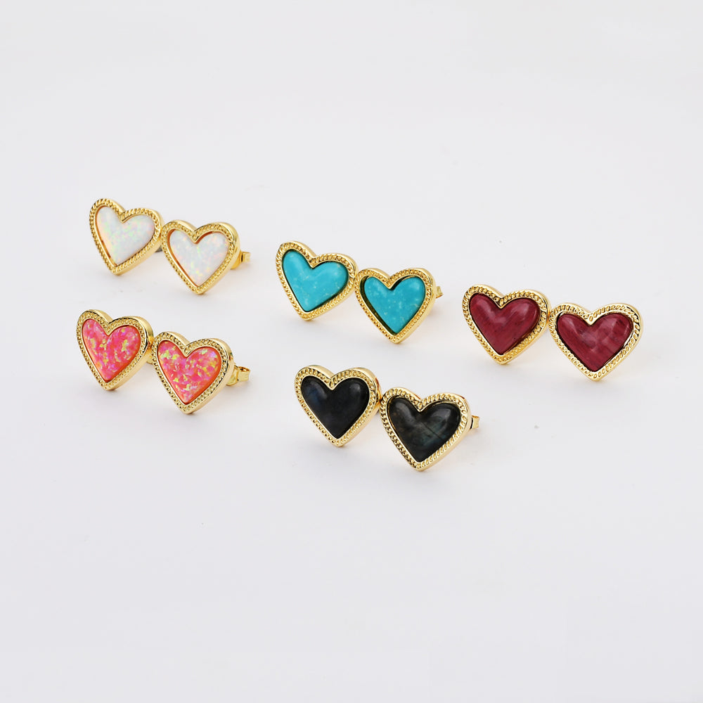 Gold Plated Bezel Heart Turquoise Gemstone Stud Earrings, Opal Black Agate Jewelry ZG0455