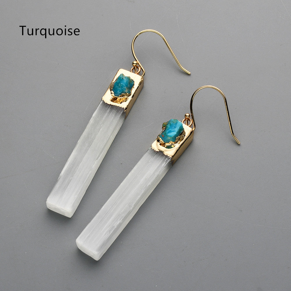 Gold Plated Rectangle Natural Selenite Crystal Earrings, Pave Raw Gemstone Chips, Healing Jewelry, Boho Earrings G2091 Turquoise Earrings