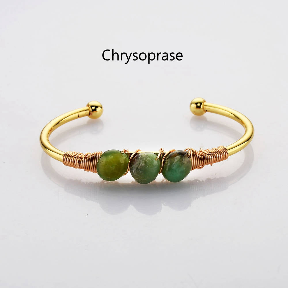 Australia jade bracelet chrysoprase bracelet Gold Plated Brass Wire Wrap Gemstone Bangle Bracelet Healing Crystal Stone Bracelet Handmade Boho Jewelry WX2075