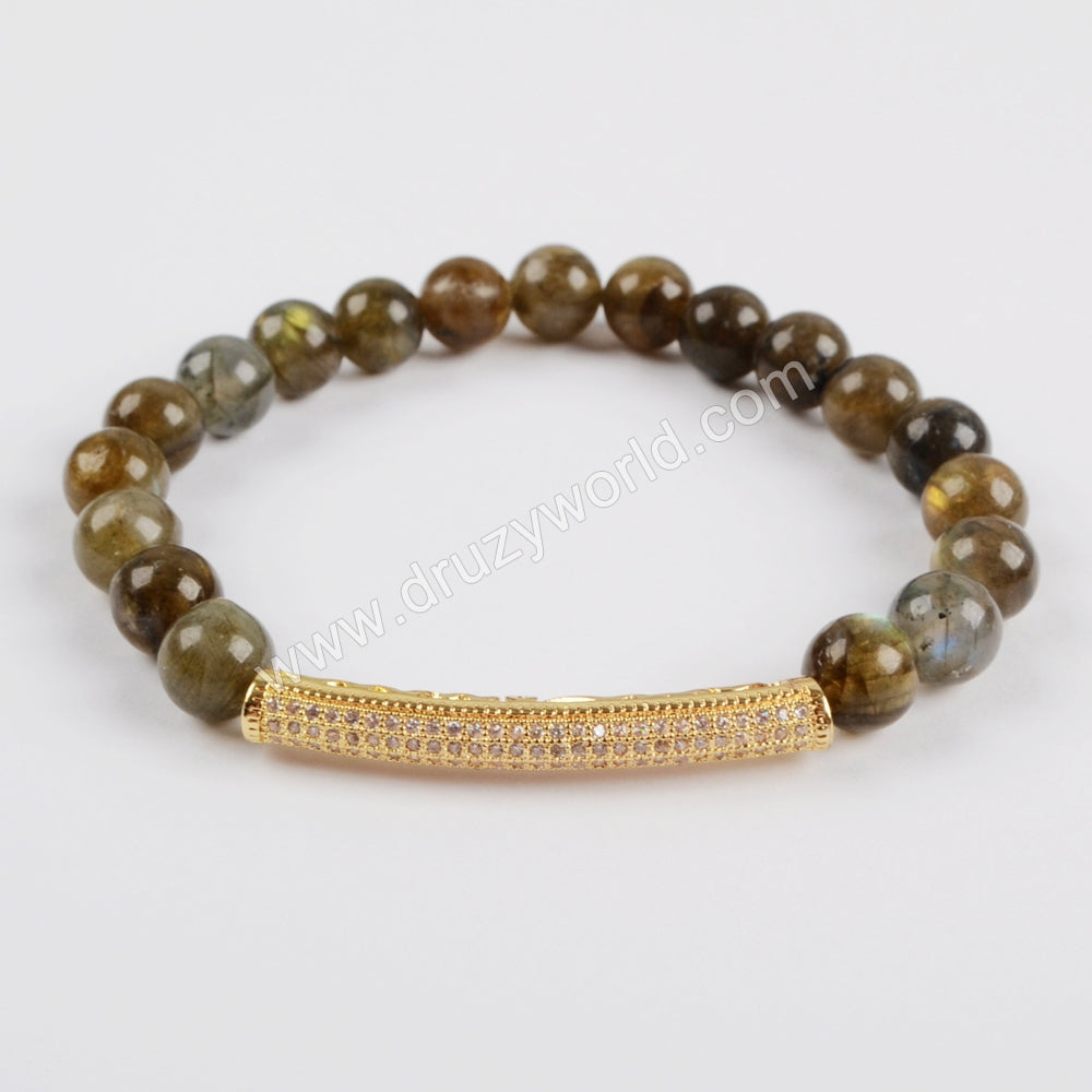 Gold Plated CZ Tube Bar With 8mm Gemstone Beads Bracelet G1475