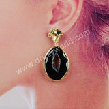 Gold Plated Bezel Drop Slice Agate Earring WX1176