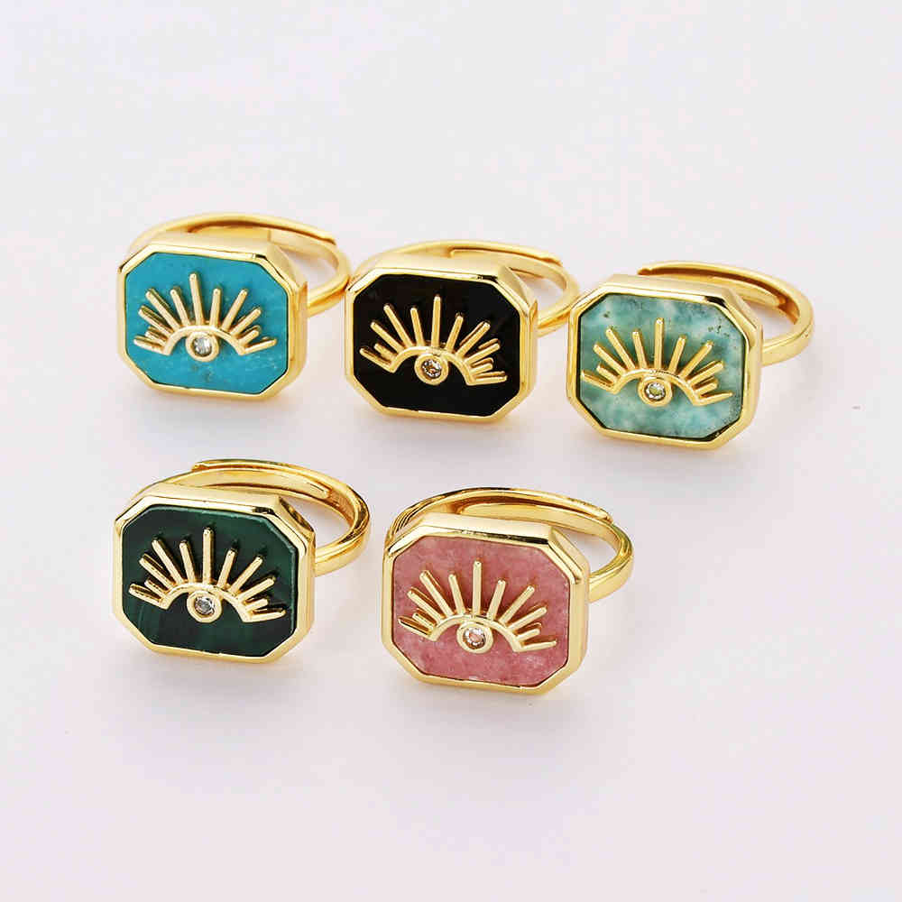 Gold Plated Natural Gemstone Crystal  Rings Faceted Black Obsidian Turquoise Larimar Rhodochrosite Malachite Ring ZG0462