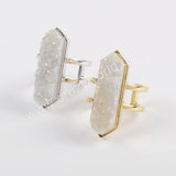 Hexagon Natural Agate Titanium AB White Druzy Ring, Open Ring Gold Plated ZG0404