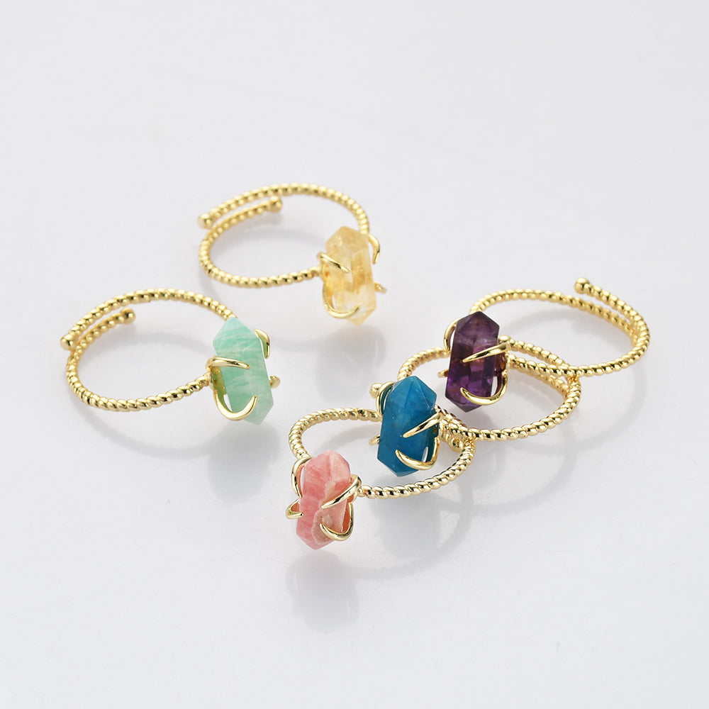 Gold Plated Claw Rainbow Natural Gemstone ring, Adjustable, Terminated Point, Hexagon Faceted Healing Crystal Stone Ring, Birthstone Ring Jewelry ZG0482