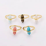 CZ Gold Plated Natural Gemstone Crystal Terminated Point Rings Faceted Turquoise Moonstone Larimar Rhodochrosite Labradorite Ring ZG0461