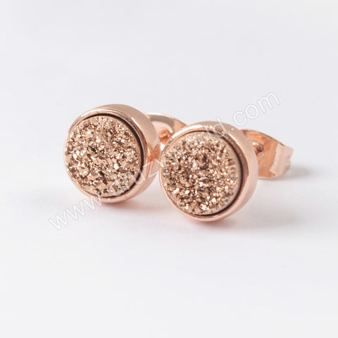 Round 9mm Rose Gold Plated Bezel Titanium Rainbow Druzy Stud Earrings ZR0198