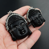 Big Frosted Black Obsidian Carved Buddha Head Rhinestone Pendant Bead JAB343