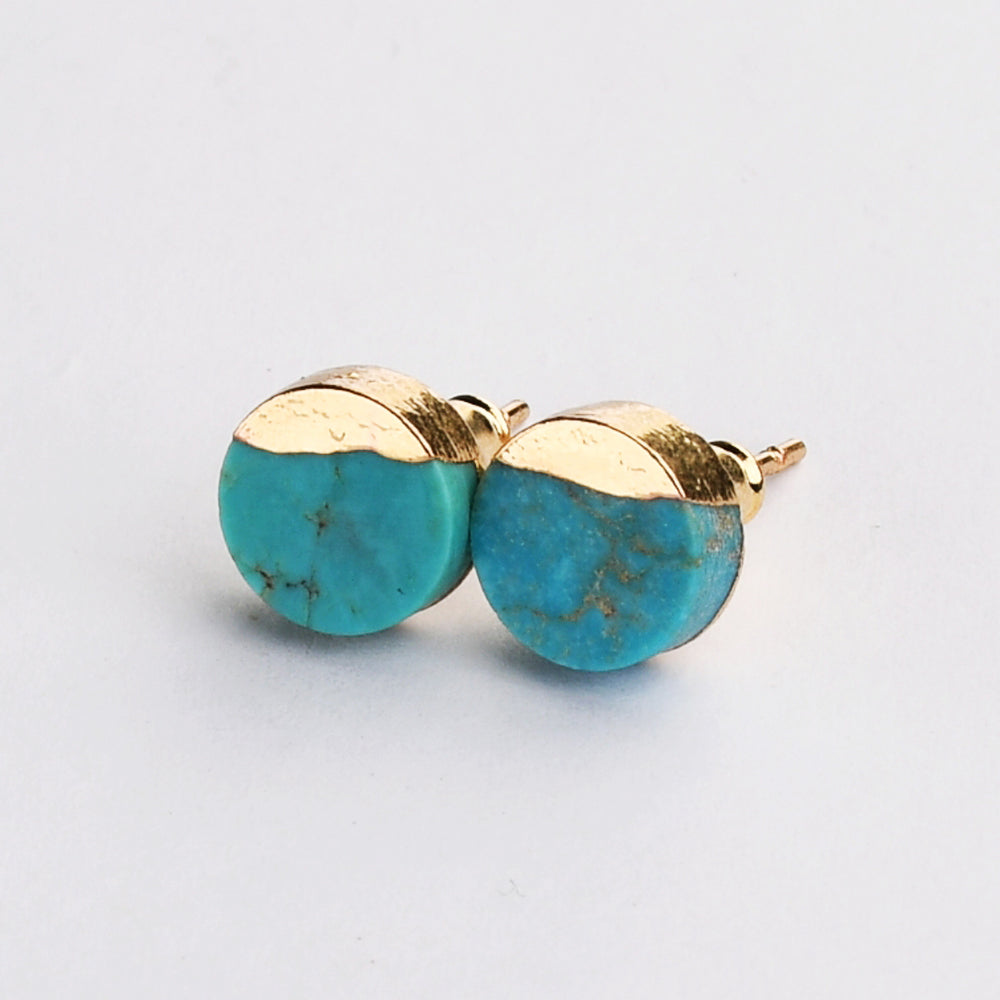 Gold Plated Cap Natural Pure Turquoise Stud Earrings, Gemstone Boho Jewelry G2077